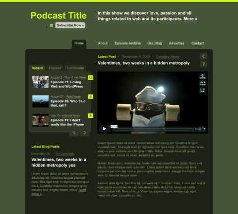 Green on lighter background: Audio/Video Podcast WordPress Theme