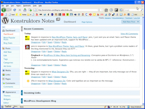 WordPress 2.7: Dashboard (note the scrollbar)