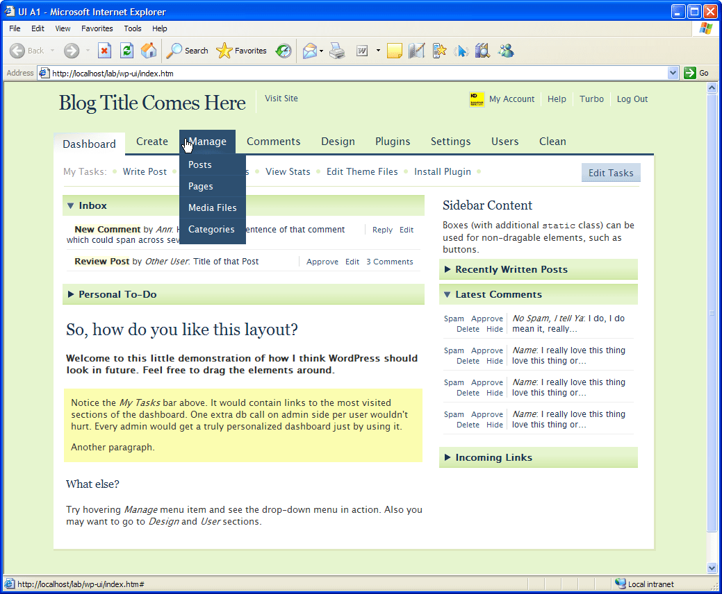 WordPress Dashboard User Interface Idea in Internet Explorer 6