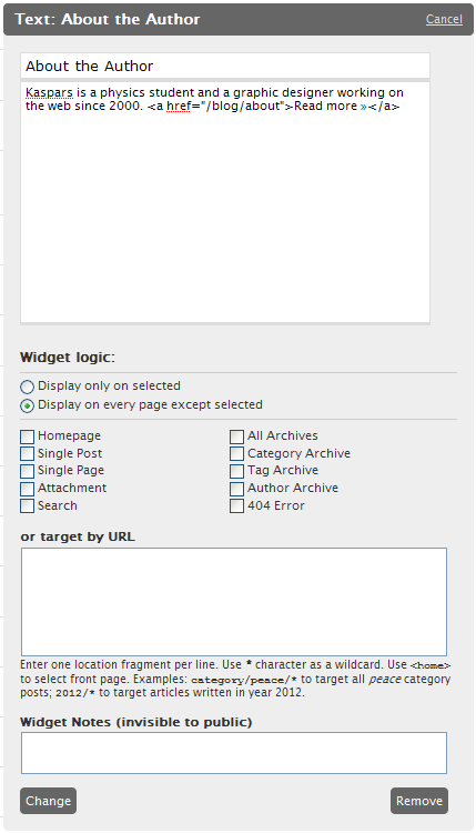 Screenshot of Widget Context settings for each widget