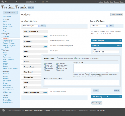 WordPress 2.7 administration dashboard