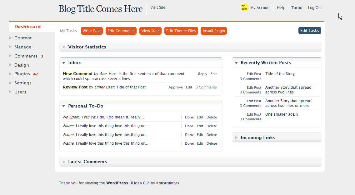 WordPress Dasboard User Interface Idea No.3