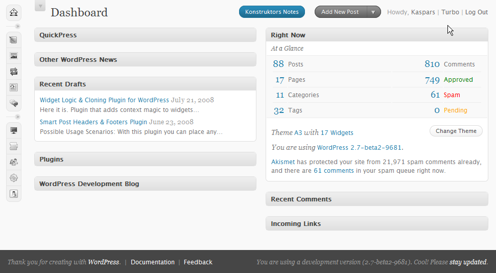 Minimized header area of WordPress 2.7