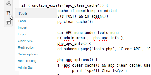 Clear APC cache menu item