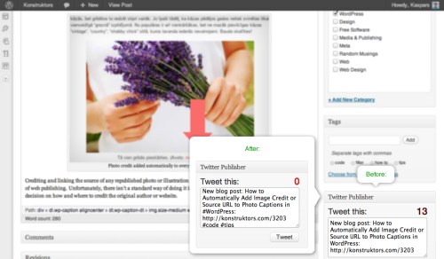 Post categories and tags added as hashtags in Twitter Publisher using Simple Twitter Connect plugin
