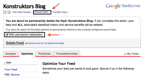 FeedBurner redirect feed after removing