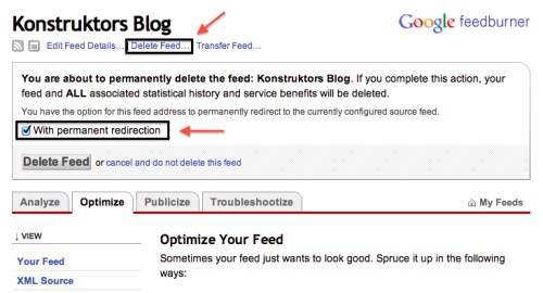 FeedBurner redirect feed after removing