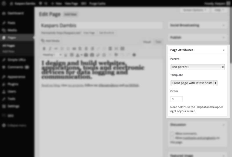 Page template settings in WordPress backend