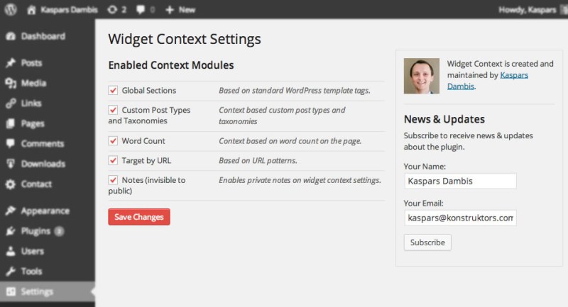 Widget Context settings panel with modules