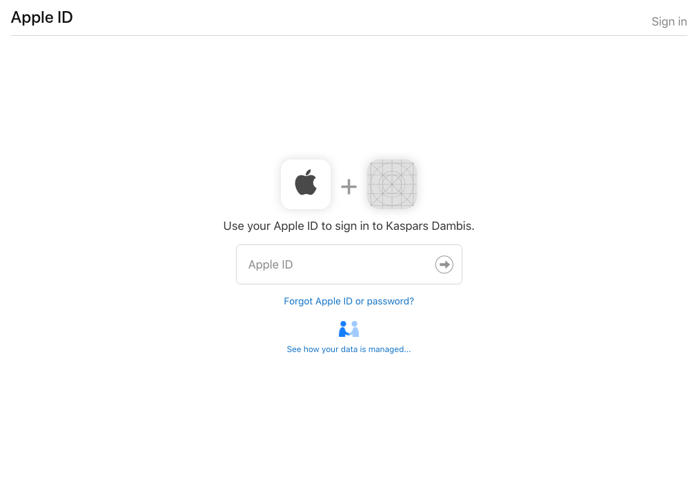 Sign In with Apple login page after clicking on the Sign In button