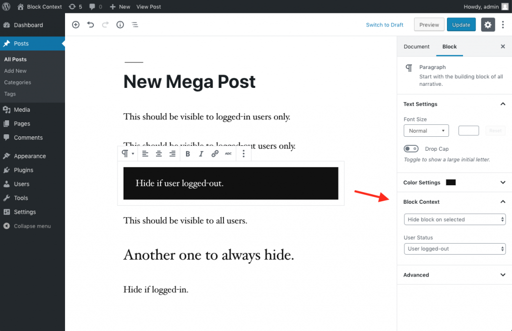 Block Context settings for each Gutenberg block