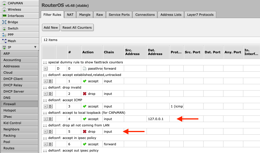 Mikrotik Mesh или CAPSMAN. Default Firewall. Настройка Firewall Mikrotik. Mikrotik Firewall service Ports настройка.