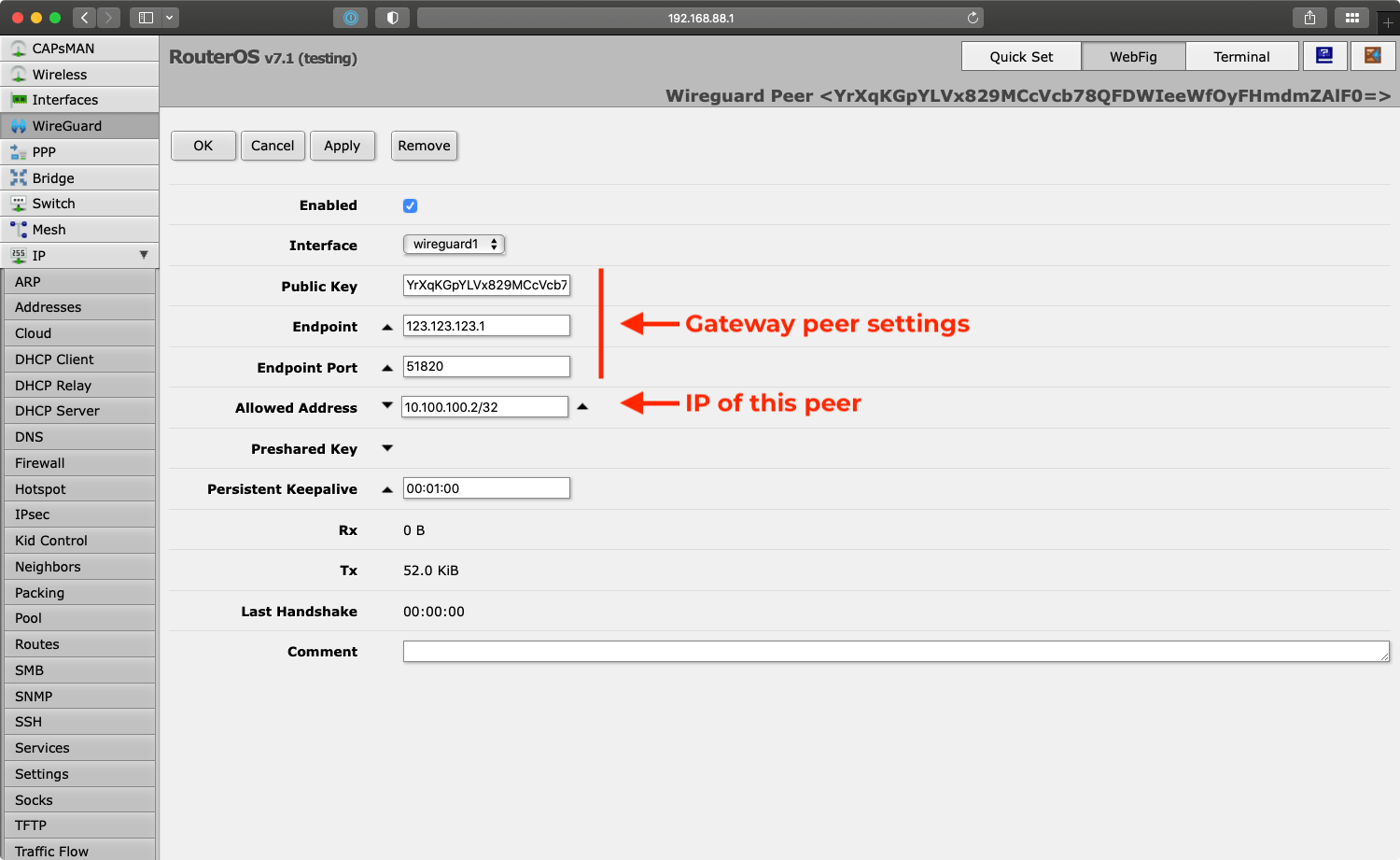 Add the WireGuard server peer to RouterOS