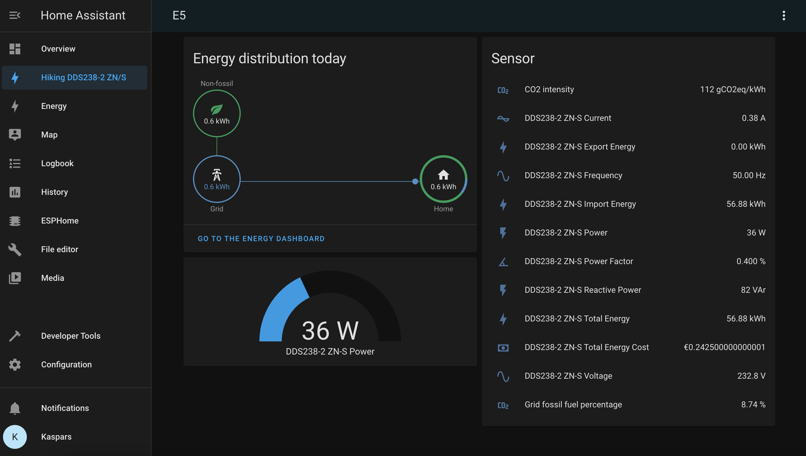 Home Assistant energy dashboard using Hiking DDS238-2 energy meter