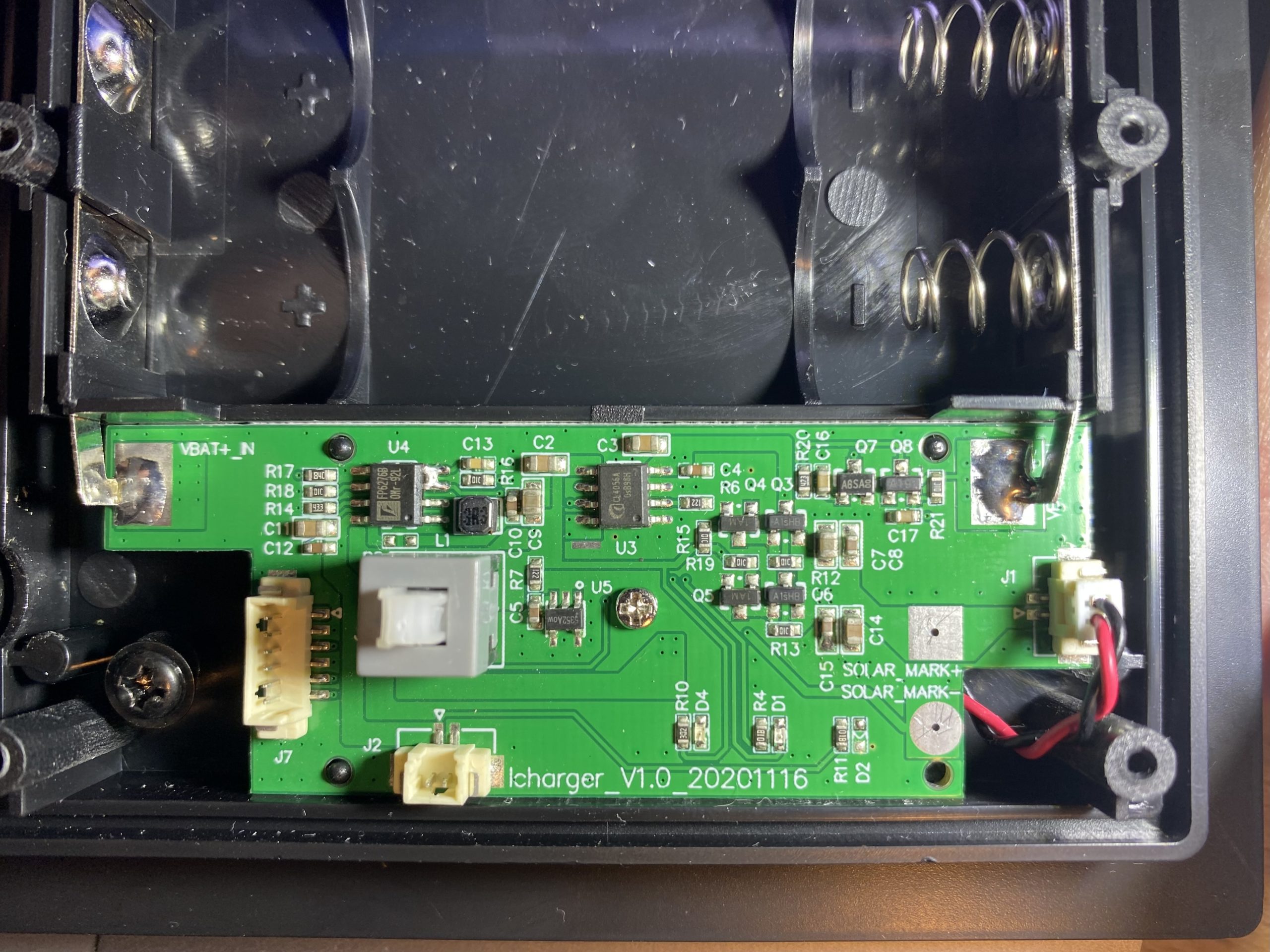 Charging circuit of 4W solar panel with 18650 batteries using CL4056 for charge control, FP6276B boost controller for 5V output and XB5352A for battery protection