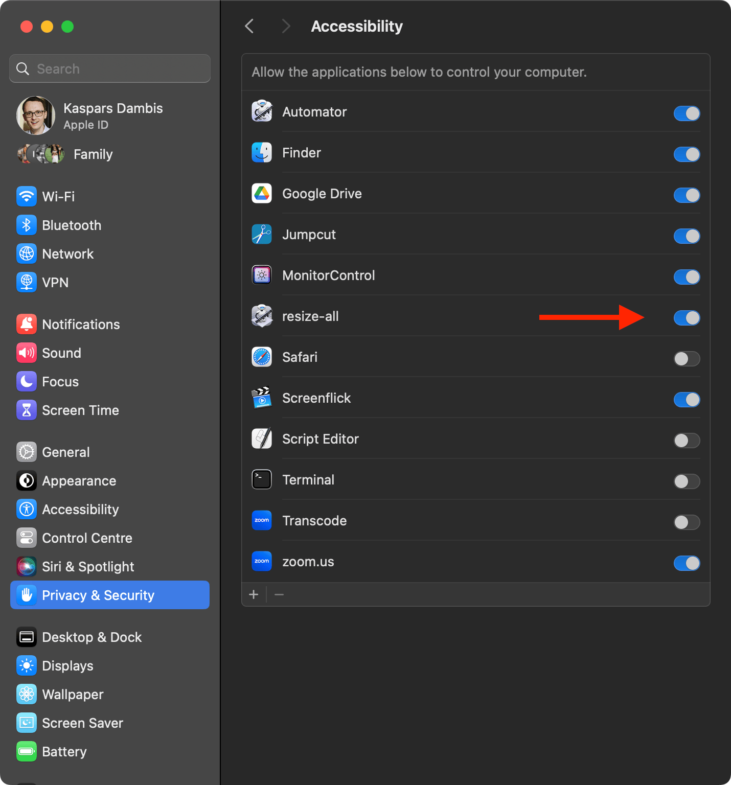 Enable Automator app permissions under Settings > Accessibility