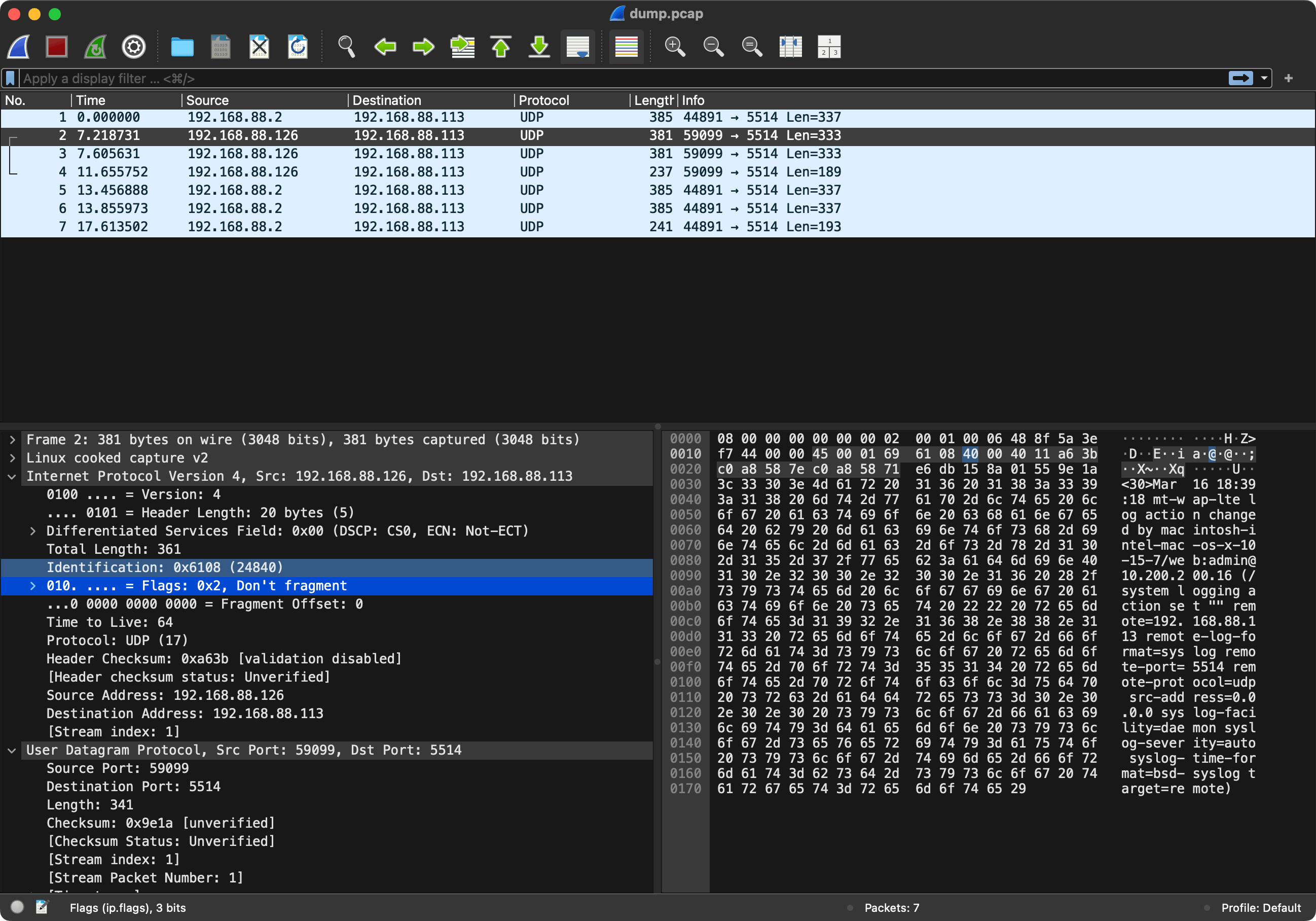 Remote syslog traffic from Mikrotik RouterOS in Wireshark