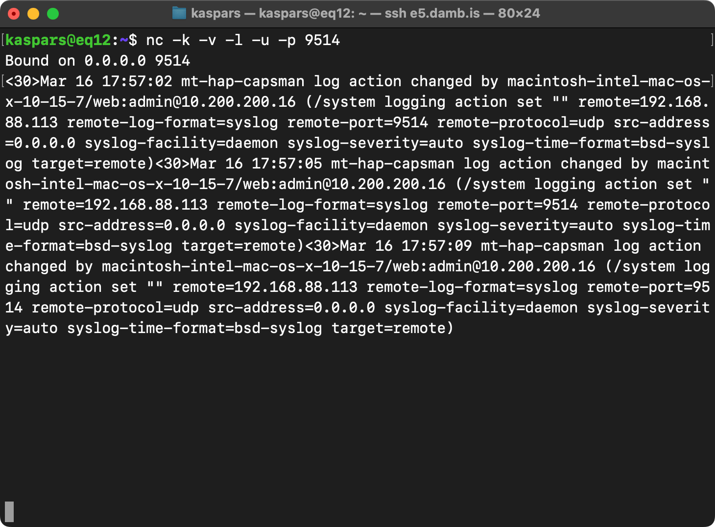 Using nc (netcat) to debug Mikrotik RouterOS remote syslog