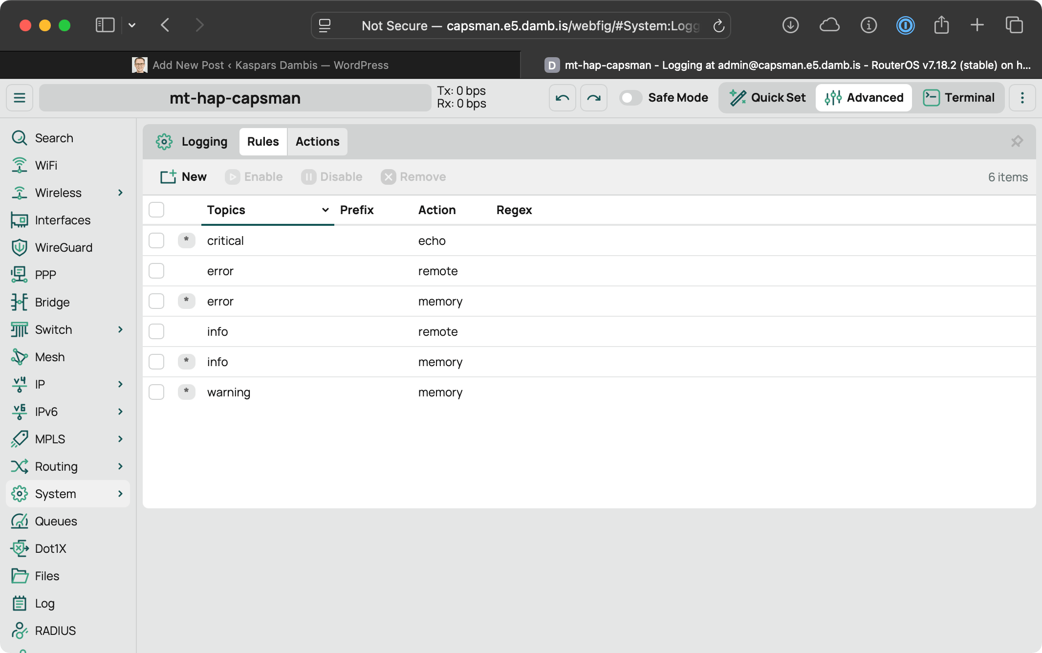 Logging rules for event topics in Mikrotik RouterOS