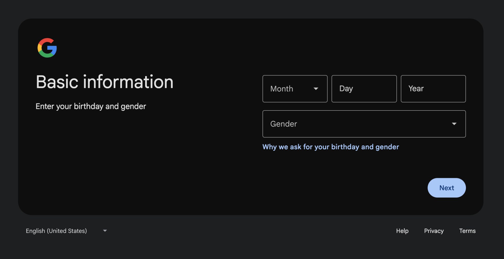 Birthday and gender input fields during Google Account registration